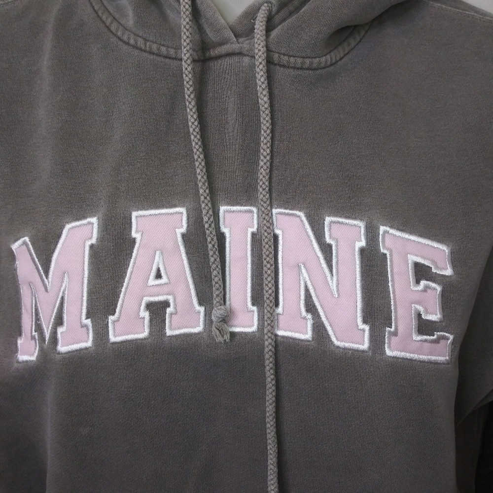 Vintage "Maine" Khaki Green & Pink Hooded Kangaroo Pocket Sweatshirt - Picture 2 of 8